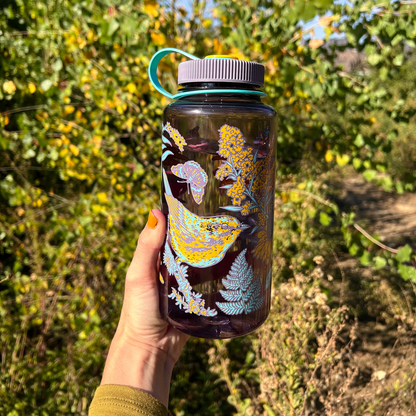 Mustard Beetle Prairie Nalgene, prairie illustration water bottle, prairie ecosystem art bottle, limited edition 32oz wide mouth Nalgene, recycled plastic Nalgene bottle, eco-friendly water bottle USA made, BPA free reusable bottle, artist illustrated Nalgene, Elizabeth Jean Younce artwork, nature inspired hydration bottle, prairie wildlife artwork, functional art Nalgene, collectible artist water bottle, Rogue & Rye nature goods, eco conscious bottle gift, outdoor adventure Nalgene, screenprinted artist bo