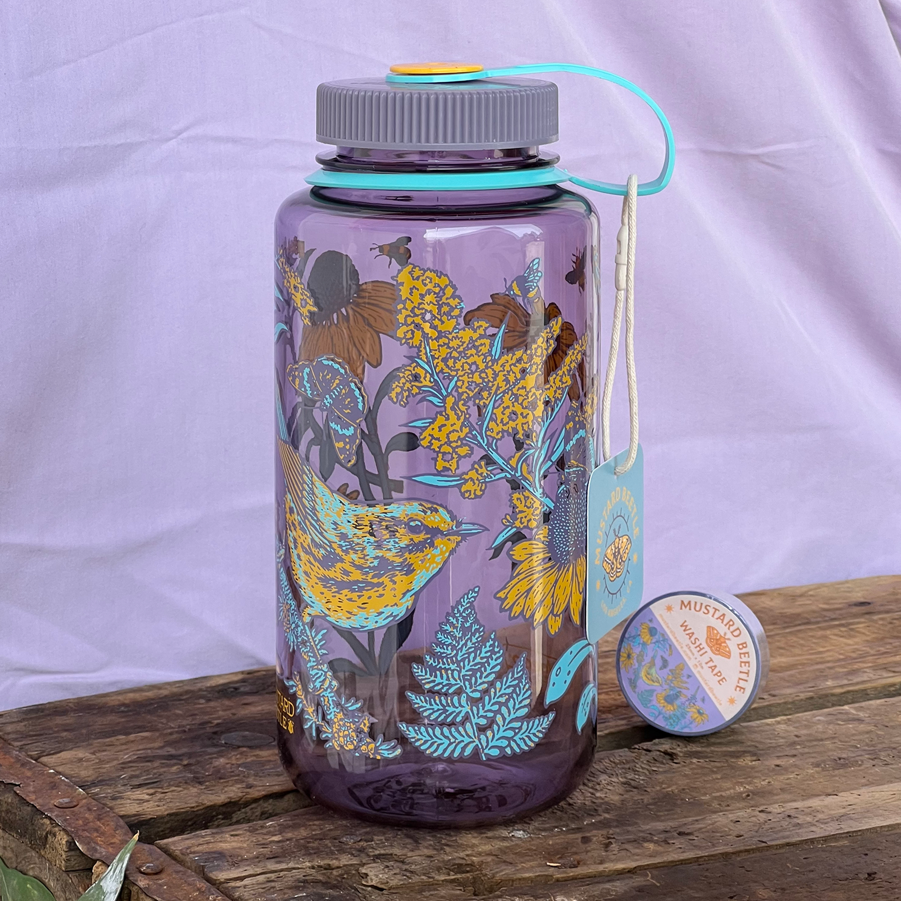 Mustard Beetle Prairie Nalgene, prairie illustration water bottle, prairie ecosystem art bottle, limited edition 32oz wide mouth Nalgene, recycled plastic Nalgene bottle, eco-friendly water bottle USA made, BPA free reusable bottle, artist illustrated Nalgene, Elizabeth Jean Younce artwork, nature inspired hydration bottle, prairie wildlife artwork, functional art Nalgene, collectible artist water bottle, Rogue & Rye nature goods, eco conscious bottle gift, outdoor adventure Nalgene, screenprinted artist bo