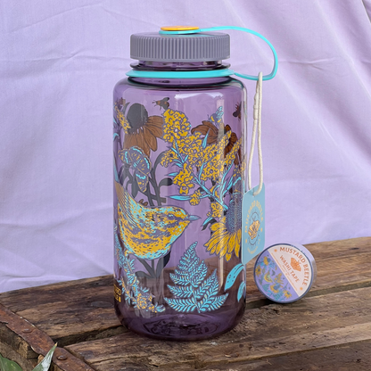 Mustard Beetle Prairie Nalgene, prairie illustration water bottle, prairie ecosystem art bottle, limited edition 32oz wide mouth Nalgene, recycled plastic Nalgene bottle, eco-friendly water bottle USA made, BPA free reusable bottle, artist illustrated Nalgene, Elizabeth Jean Younce artwork, nature inspired hydration bottle, prairie wildlife artwork, functional art Nalgene, collectible artist water bottle, Rogue & Rye nature goods, eco conscious bottle gift, outdoor adventure Nalgene, screenprinted artist bo