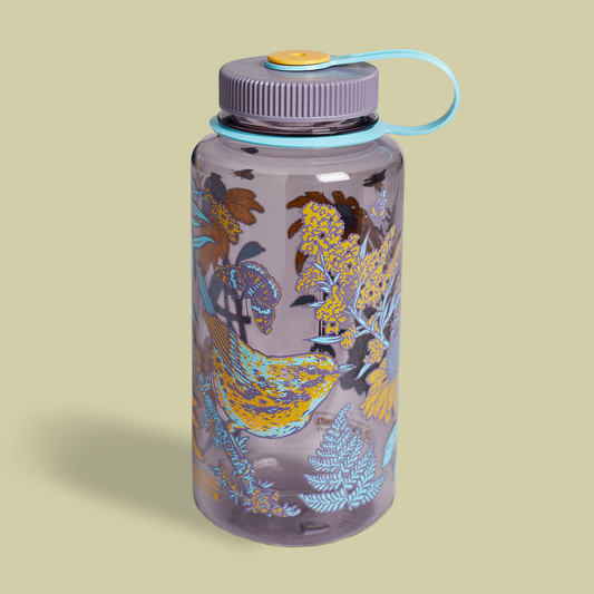 Mustard Beetle Prairie Nalgene, prairie illustration water bottle, prairie ecosystem art bottle, limited edition 32oz wide mouth Nalgene, recycled plastic Nalgene bottle, eco-friendly water bottle USA made, BPA free reusable bottle, artist illustrated Nalgene, Elizabeth Jean Younce artwork, nature inspired hydration bottle, prairie wildlife artwork, functional art Nalgene, collectible artist water bottle, Rogue & Rye nature goods, eco conscious bottle gift, outdoor adventure Nalgene, screenprinted artist bo