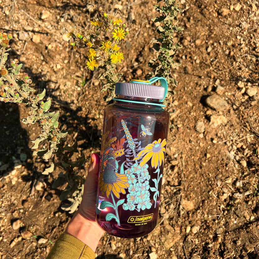 Mustard Beetle Prairie Nalgene, prairie illustration water bottle, prairie ecosystem art bottle, limited edition 32oz wide mouth Nalgene, recycled plastic Nalgene bottle, eco-friendly water bottle USA made, BPA free reusable bottle, artist illustrated Nalgene, Elizabeth Jean Younce artwork, nature inspired hydration bottle, prairie wildlife artwork, functional art Nalgene, collectible artist water bottle, Rogue & Rye nature goods, eco conscious bottle gift, outdoor adventure Nalgene, screenprinted artist bo