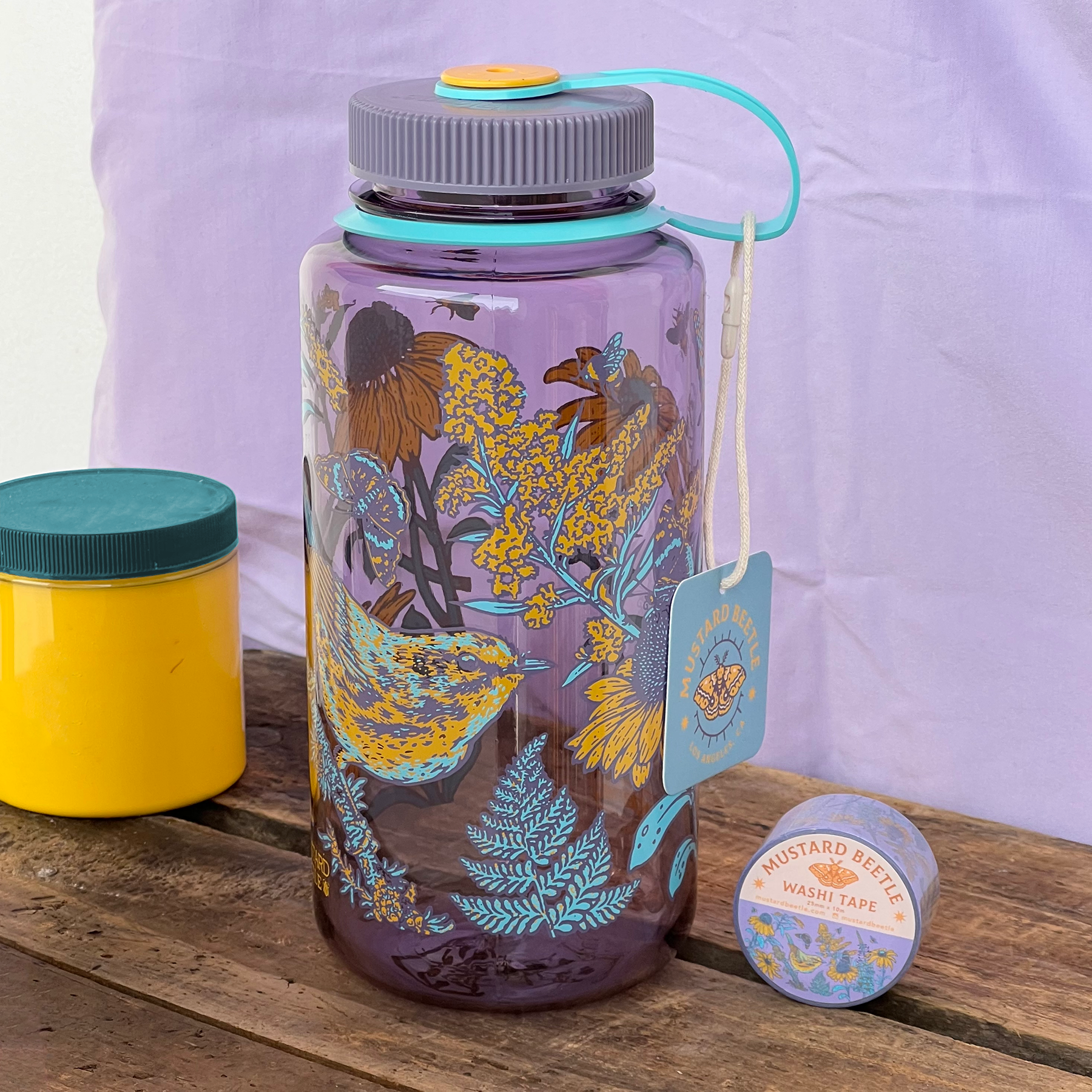 Mustard Beetle Prairie Nalgene, prairie illustration water bottle, prairie ecosystem art bottle, limited edition 32oz wide mouth Nalgene, recycled plastic Nalgene bottle, eco-friendly water bottle USA made, BPA free reusable bottle, artist illustrated Nalgene, Elizabeth Jean Younce artwork, nature inspired hydration bottle, prairie wildlife artwork, functional art Nalgene, collectible artist water bottle, Rogue & Rye nature goods, eco conscious bottle gift, outdoor adventure Nalgene, screenprinted artist bo