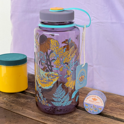 Mustard Beetle Prairie Nalgene, prairie illustration water bottle, prairie ecosystem art bottle, limited edition 32oz wide mouth Nalgene, recycled plastic Nalgene bottle, eco-friendly water bottle USA made, BPA free reusable bottle, artist illustrated Nalgene, Elizabeth Jean Younce artwork, nature inspired hydration bottle, prairie wildlife artwork, functional art Nalgene, collectible artist water bottle, Rogue & Rye nature goods, eco conscious bottle gift, outdoor adventure Nalgene, screenprinted artist bo