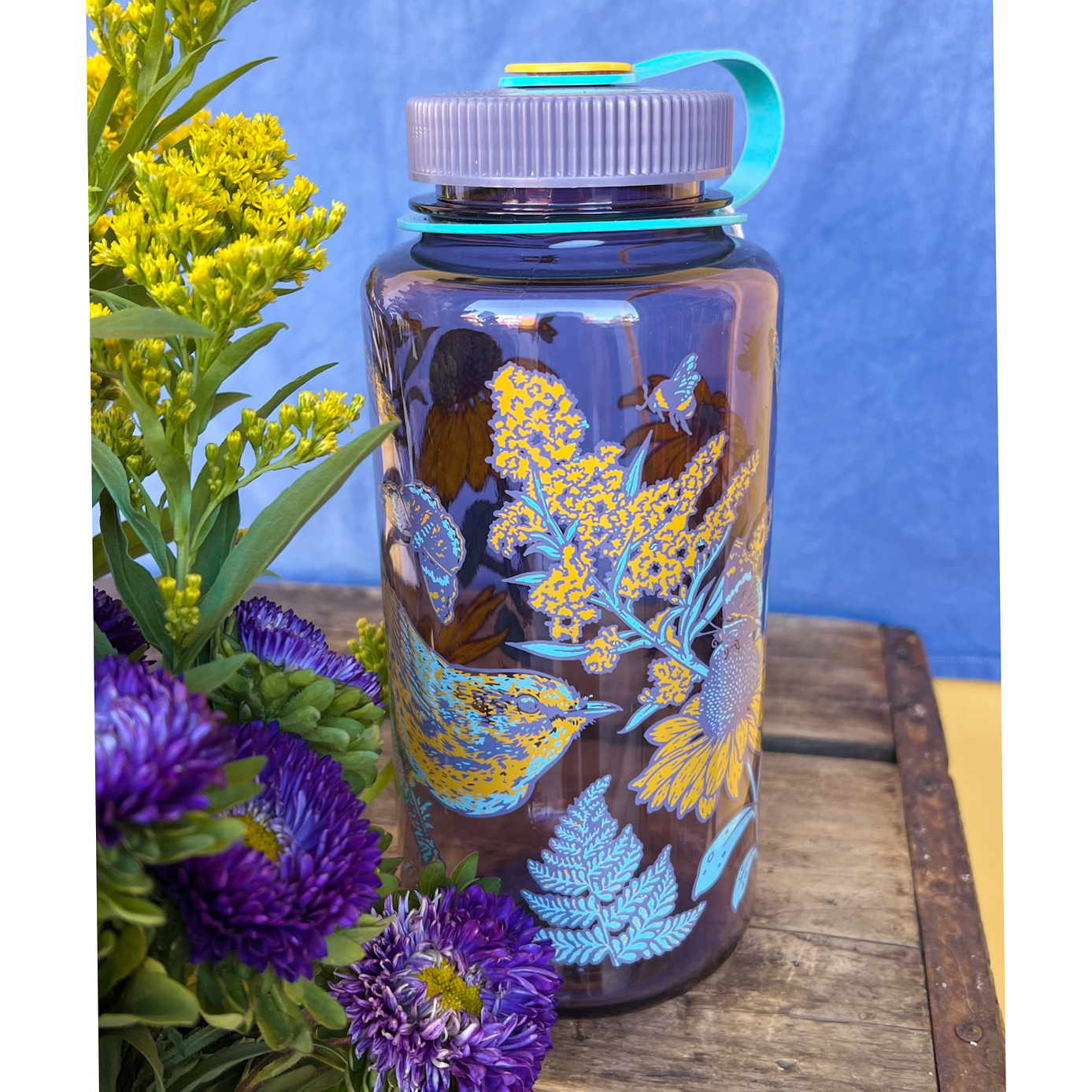 Mustard Beetle Prairie Nalgene, prairie illustration water bottle, prairie ecosystem art bottle, limited edition 32oz wide mouth Nalgene, recycled plastic Nalgene bottle, eco-friendly water bottle USA made, BPA free reusable bottle, artist illustrated Nalgene, Elizabeth Jean Younce artwork, nature inspired hydration bottle, prairie wildlife artwork, functional art Nalgene, collectible artist water bottle, Rogue & Rye nature goods, eco conscious bottle gift, outdoor adventure Nalgene, screenprinted artist bo