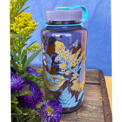 Mustard Beetle Prairie Nalgene, prairie illustration water bottle, prairie ecosystem art bottle, limited edition 32oz wide mouth Nalgene, recycled plastic Nalgene bottle, eco-friendly water bottle USA made, BPA free reusable bottle, artist illustrated Nalgene, Elizabeth Jean Younce artwork, nature inspired hydration bottle, prairie wildlife artwork, functional art Nalgene, collectible artist water bottle, Rogue & Rye nature goods, eco conscious bottle gift, outdoor adventure Nalgene, screenprinted artist bo