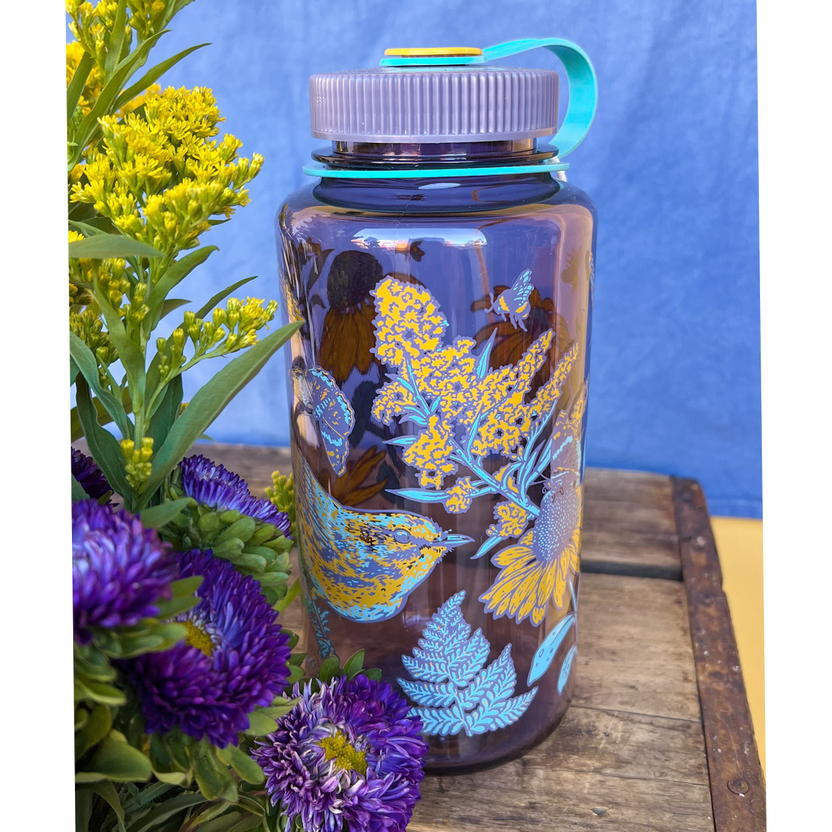 Mustard Beetle Prairie Nalgene, prairie illustration water bottle, prairie ecosystem art bottle, limited edition 32oz wide mouth Nalgene, recycled plastic Nalgene bottle, eco-friendly water bottle USA made, BPA free reusable bottle, artist illustrated Nalgene, Elizabeth Jean Younce artwork, nature inspired hydration bottle, prairie wildlife artwork, functional art Nalgene, collectible artist water bottle, Rogue & Rye nature goods, eco conscious bottle gift, outdoor adventure Nalgene, screenprinted artist bo