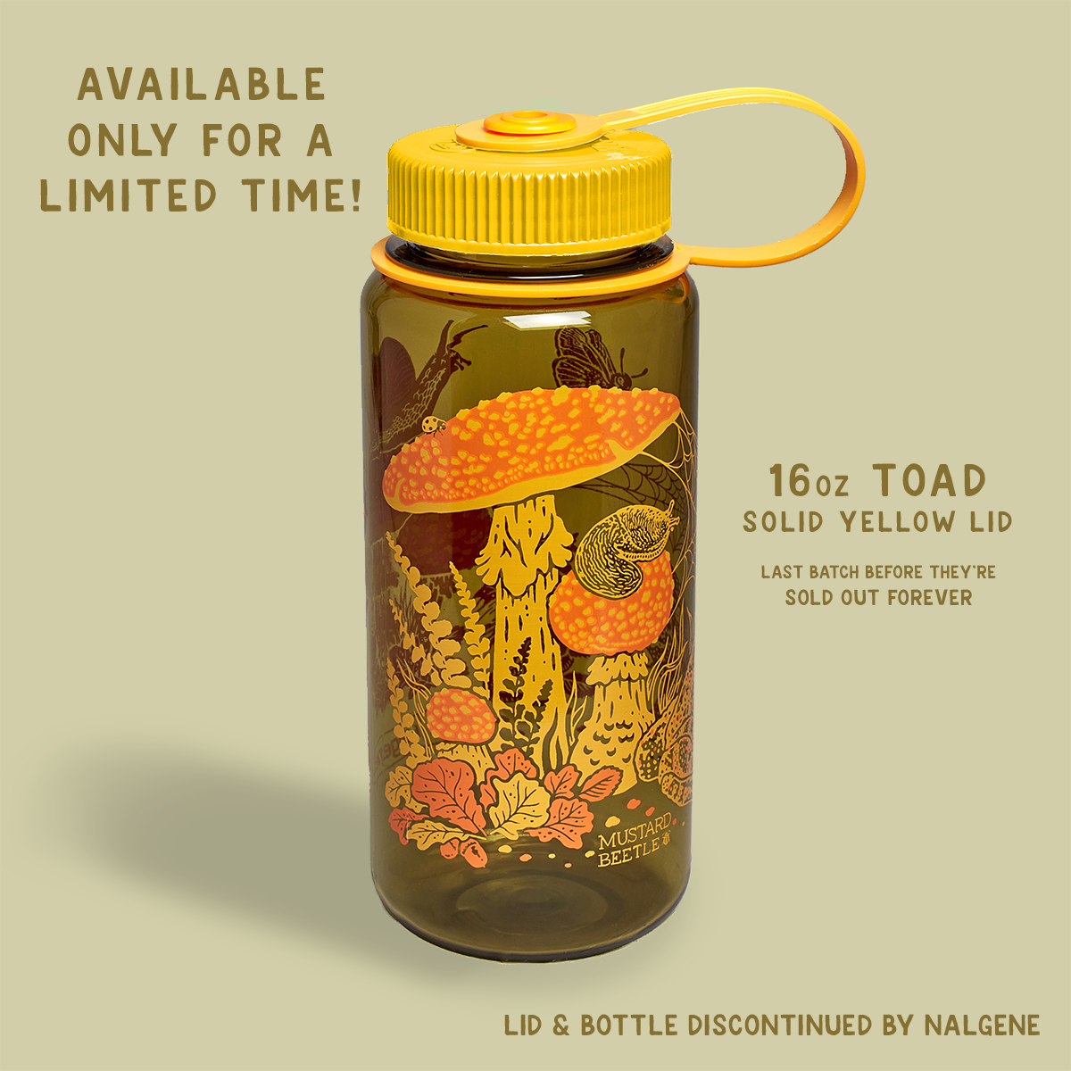 Mustard Beetle Nalgene bottle, Mustard Beetle Toad illustration water bottle, limited edition Nalgene 16oz, recycled plastic Nalgene bottle, eco-friendly water bottle, BPA-free Nalgene USA made, artist illustrated water bottle, nature inspired water bottle, toad illustration bottle, small business artist Nalgene collaboration, Los Angeles illustrator Elizabeth Jean Younce, Mustard Beetle outdoor bottle, functional art water bottle, 50 percent recycled plastic bottle, collectible artist Nalgene, wide mouth N