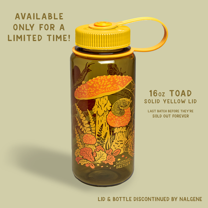 Mustard Beetle Nalgene bottle, Mustard Beetle Toad illustration water bottle, limited edition Nalgene 16oz, recycled plastic Nalgene bottle, eco-friendly water bottle, BPA-free Nalgene USA made, artist illustrated water bottle, nature inspired water bottle, toad illustration bottle, small business artist Nalgene collaboration, Los Angeles illustrator Elizabeth Jean Younce, Mustard Beetle outdoor bottle, functional art water bottle, 50 percent recycled plastic bottle, collectible artist Nalgene, wide mouth N