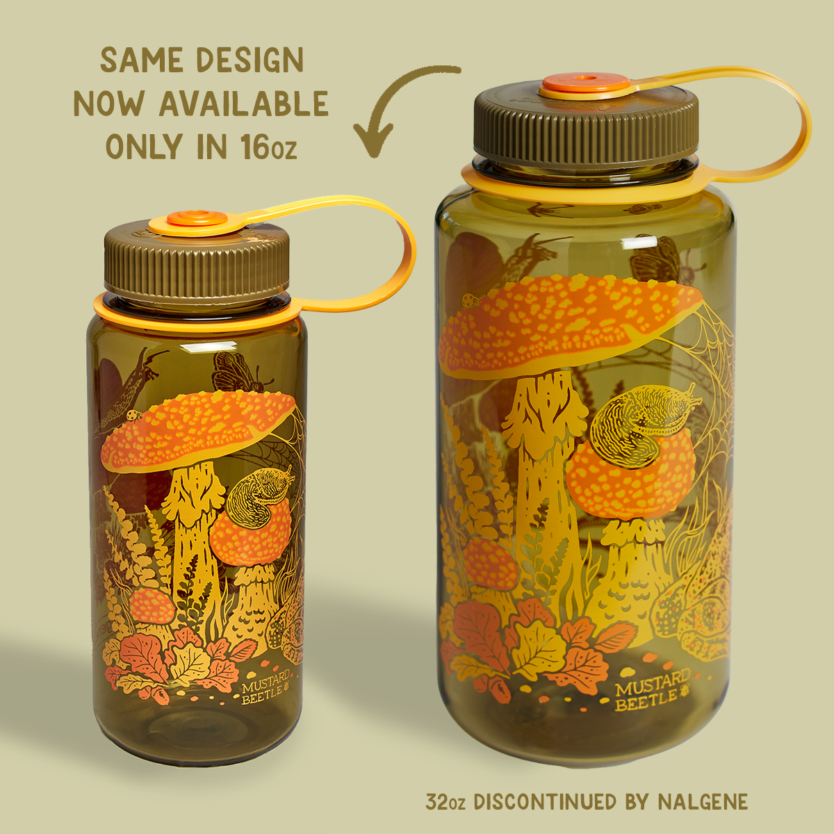 Mustard Beetle Nalgene bottle, Mustard Beetle Toad illustration water bottle, limited edition Nalgene 16oz, recycled plastic Nalgene bottle, eco-friendly water bottle, BPA-free Nalgene USA made, artist illustrated water bottle, nature inspired water bottle, toad illustration bottle, small business artist Nalgene collaboration, Los Angeles illustrator Elizabeth Jean Younce, Mustard Beetle outdoor bottle, functional art water bottle, 50 percent recycled plastic bottle, collectible artist Nalgene, wide mouth N