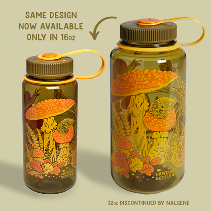 Mustard Beetle Nalgene bottle, Mustard Beetle Toad illustration water bottle, limited edition Nalgene 16oz, recycled plastic Nalgene bottle, eco-friendly water bottle, BPA-free Nalgene USA made, artist illustrated water bottle, nature inspired water bottle, toad illustration bottle, small business artist Nalgene collaboration, Los Angeles illustrator Elizabeth Jean Younce, Mustard Beetle outdoor bottle, functional art water bottle, 50 percent recycled plastic bottle, collectible artist Nalgene, wide mouth N