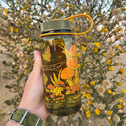 Mustard Beetle Nalgene bottle, Mustard Beetle Toad illustration water bottle, limited edition Nalgene 16oz, recycled plastic Nalgene bottle, eco-friendly water bottle, BPA-free Nalgene USA made, artist illustrated water bottle, nature inspired water bottle, toad illustration bottle, small business artist Nalgene collaboration, Los Angeles illustrator Elizabeth Jean Younce, Mustard Beetle outdoor bottle, functional art water bottle, 50 percent recycled plastic bottle, collectible artist Nalgene, wide mouth