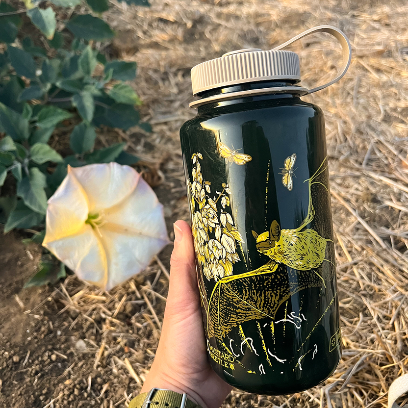 Mustard Beetle Vernal Nalgene, vernal pools illustration water bottle, California Tiger Salamander Nalgene, fairy shrimp illustration bottle, Mojave yucca artwork bottle, botanical and wildlife Nalgene, limited edition 32oz wide mouth Nalgene, eco-friendly Nalgene bottle, recycled plastic reusable bottle, BPA free Nalgene USA made, artist illustrated water bottle, Elizabeth Jean Younce design, nature ecosystem illustration bottle, spring biodiversity artwork, functional art water bottle, collectible artist 