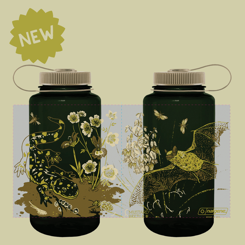 Mustard Beetle Vernal Nalgene, vernal pools illustration water bottle, California Tiger Salamander Nalgene, fairy shrimp illustration bottle, Mojave yucca artwork bottle, botanical and wildlife Nalgene, limited edition 32oz wide mouth Nalgene, eco-friendly Nalgene bottle, recycled plastic reusable bottle, BPA free Nalgene USA made, artist illustrated water bottle, Elizabeth Jean Younce design, nature ecosystem illustration bottle, spring biodiversity artwork, functional art water bottle, collectible artist 