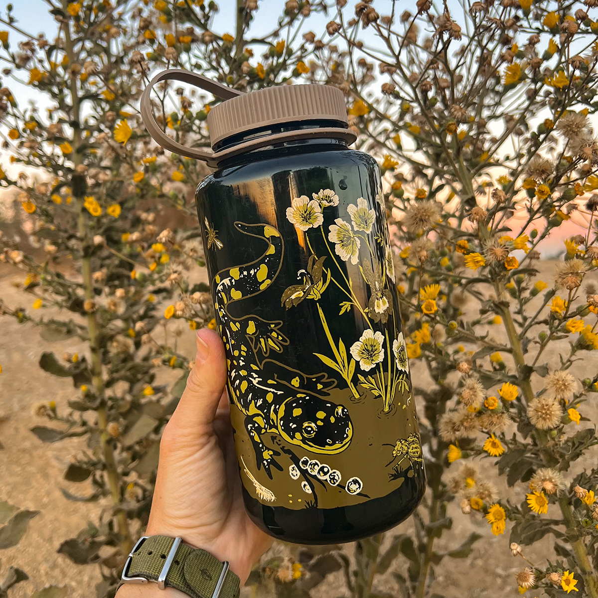 Mustard Beetle Vernal Nalgene, vernal pools illustration water bottle, California Tiger Salamander Nalgene, fairy shrimp illustration bottle, Mojave yucca artwork bottle, botanical and wildlife Nalgene, limited edition 32oz wide mouth Nalgene, eco-friendly Nalgene bottle, recycled plastic reusable bottle, BPA free Nalgene USA made, artist illustrated water bottle, Elizabeth Jean Younce design, nature ecosystem illustration bottle, spring biodiversity artwork, functional art water bottle, collectible artist 