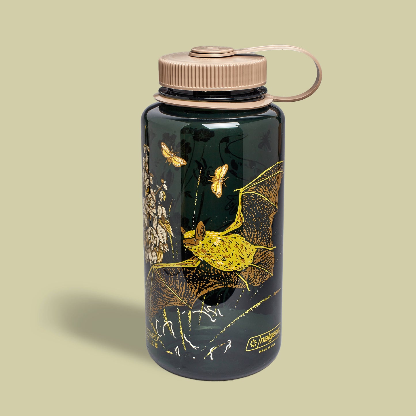Mustard Beetle Vernal Nalgene, vernal pools illustration water bottle, California Tiger Salamander Nalgene, fairy shrimp illustration bottle, Mojave yucca artwork bottle, botanical and wildlife Nalgene, limited edition 32oz wide mouth Nalgene, eco-friendly Nalgene bottle, recycled plastic reusable bottle, BPA free Nalgene USA made, artist illustrated water bottle, Elizabeth Jean Younce design, nature ecosystem illustration bottle, spring biodiversity artwork, functional art water bottle, collectible artist 