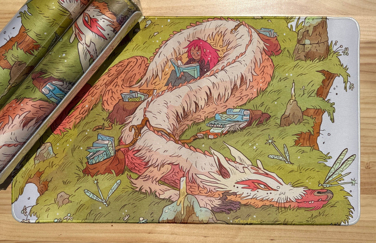 Natalie Andrewson Book Dragon illustrated desk mat and gaming playmat