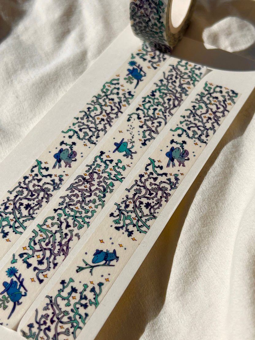 Humble Blue Vine Collector washi tape with tiny blue gardeners among winding vines
