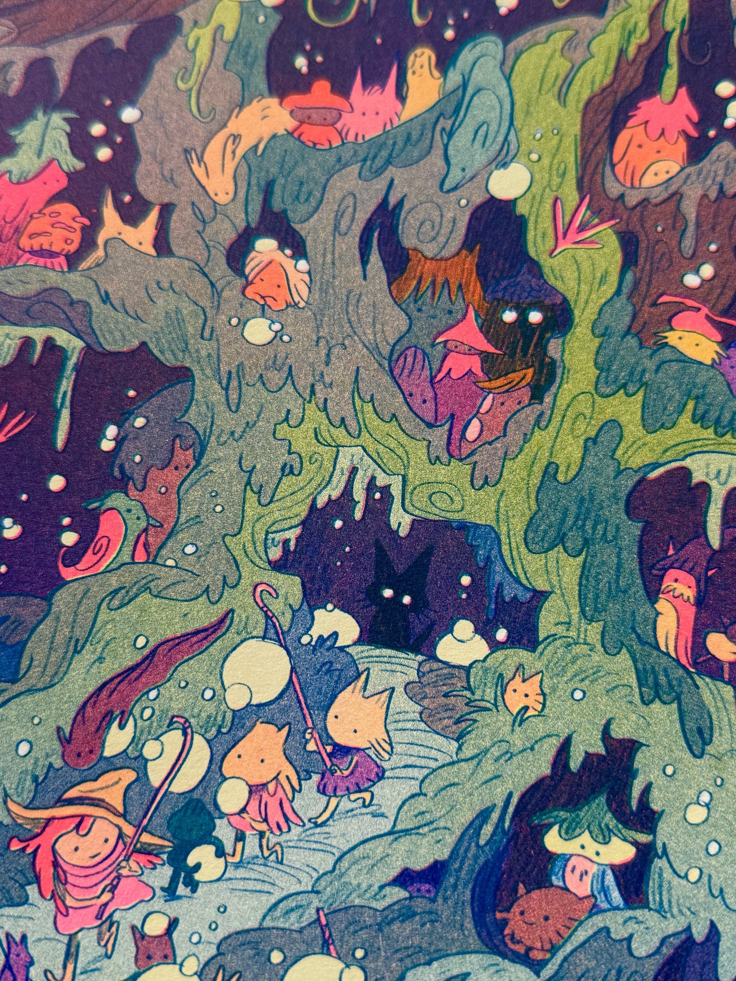 Woodfolk Risograph print, fantasy art print, Natalie Andrewson print, folklore wall art, three color riso print, fluorescent riso artwork, narrative risograph illustration, mythic forest art, mountain folklore print, gallery nucleus art, indie printmaker art, fantasy home decor, collectible riso print, vibrant riso artwork, limited edition risograph, Rogue & Rye artist collection.