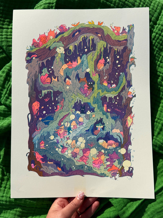 Woodfolk Risograph print, fantasy art print, Natalie Andrewson print, folklore wall art, three color riso print, fluorescent riso artwork, narrative risograph illustration, mythic forest art, mountain folklore print, gallery nucleus art, indie printmaker art, fantasy home decor, collectible riso print, vibrant riso artwork, limited edition risograph, Rogue & Rye artist collection.