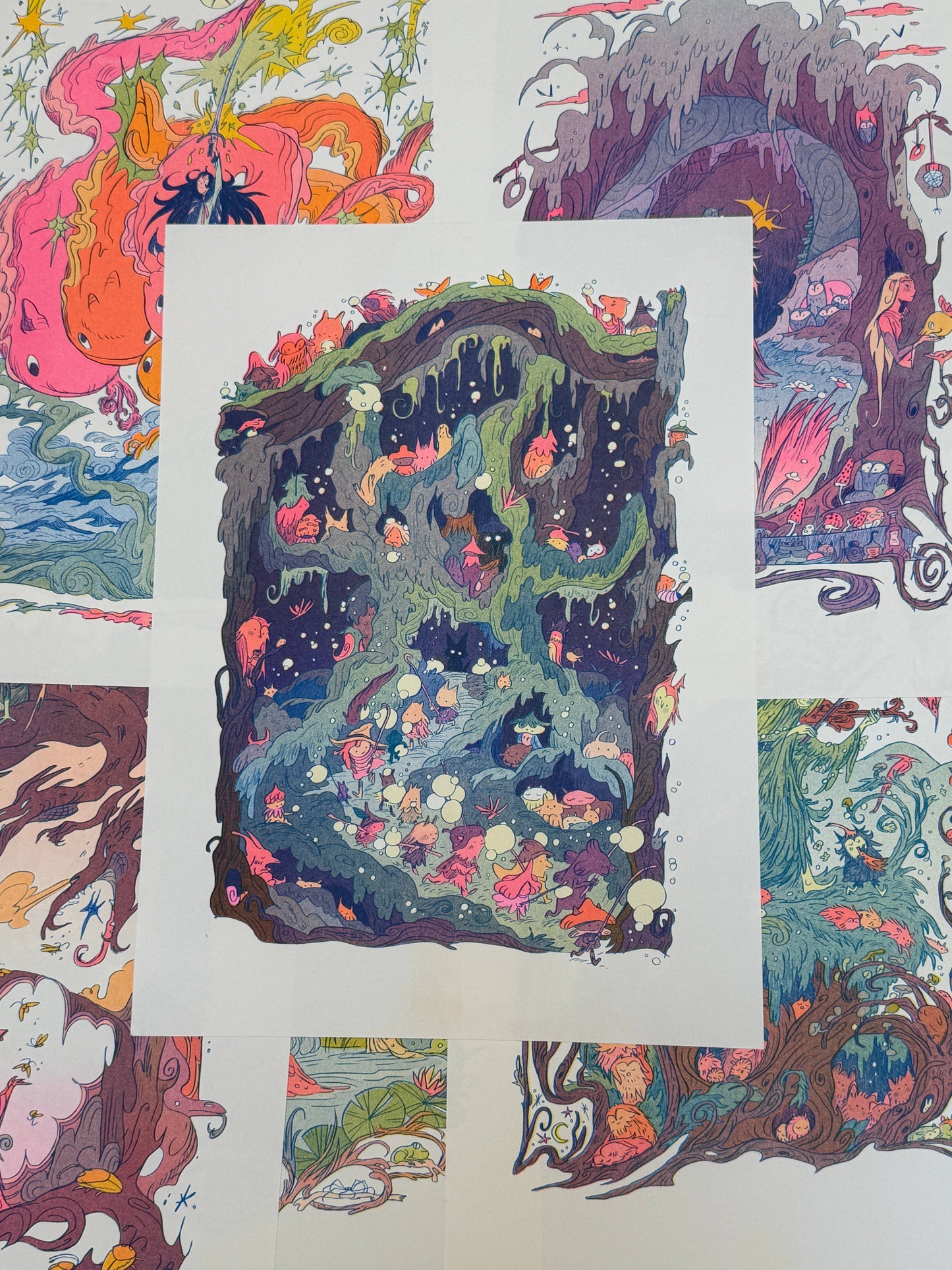 Woodfolk Risograph print, fantasy art print, Natalie Andrewson print, folklore wall art, three color riso print, fluorescent riso artwork, narrative risograph illustration, mythic forest art, mountain folklore print, gallery nucleus art, indie printmaker art, fantasy home decor, collectible riso print, vibrant riso artwork, limited edition risograph, Rogue & Rye artist collection.