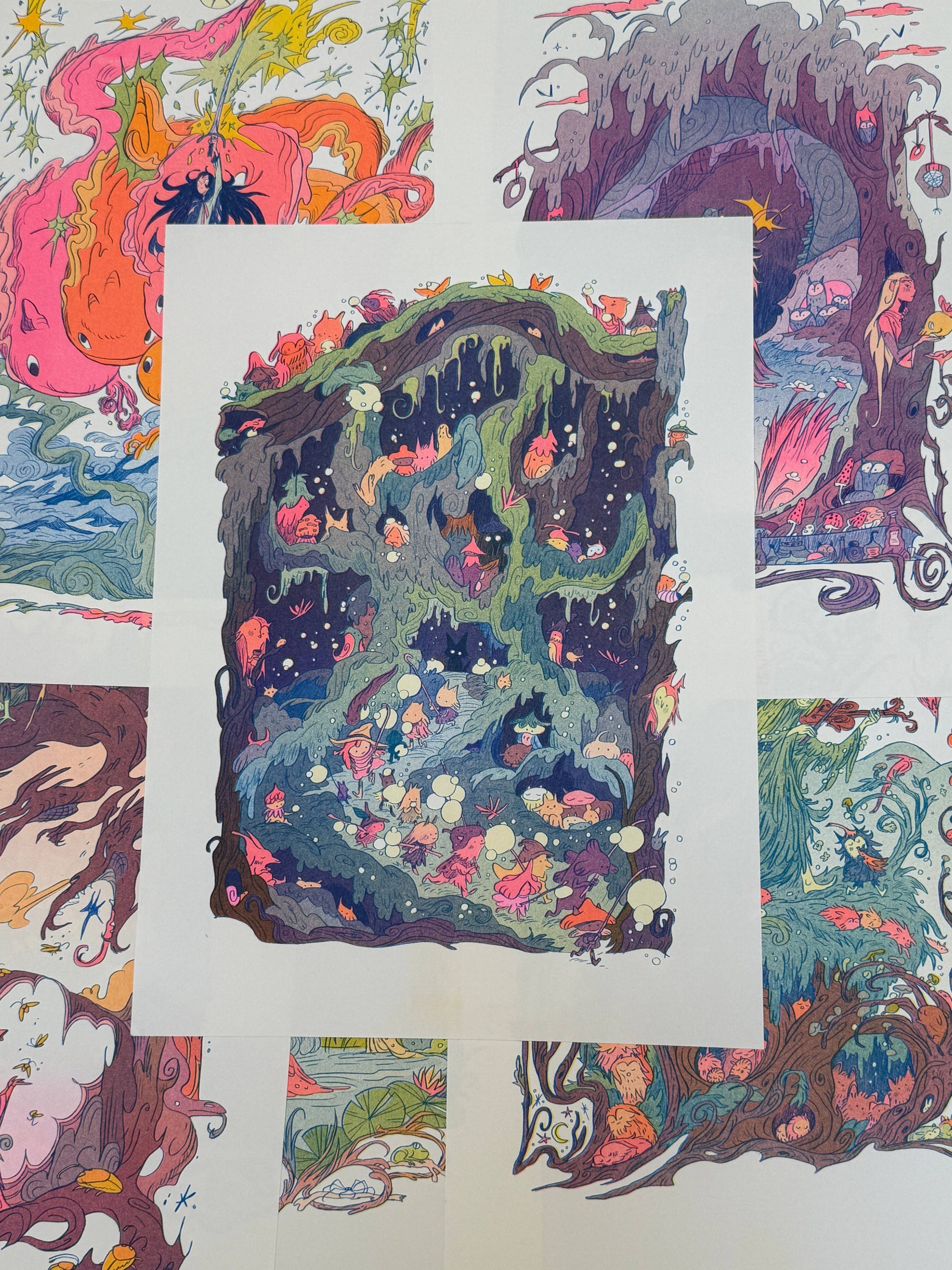 Woodfolk Risograph print, fantasy art print, Natalie Andrewson print, folklore wall art, three color riso print, fluorescent riso artwork, narrative risograph illustration, mythic forest art, mountain folklore print, gallery nucleus art, indie printmaker art, fantasy home decor, collectible riso print, vibrant riso artwork, limited edition risograph, Rogue & Rye artist collection.