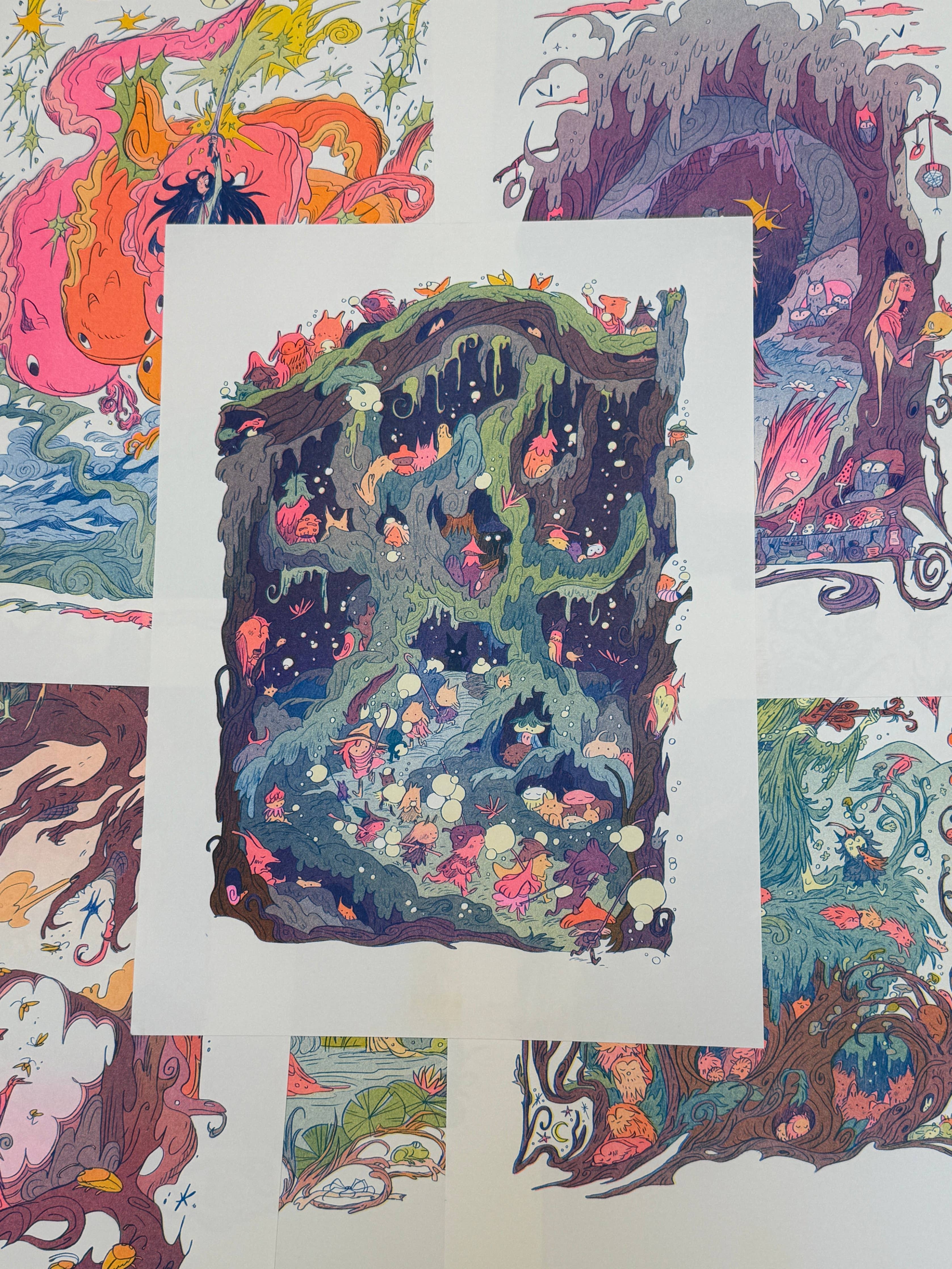 Woodfolk Risograph print, fantasy art print, Natalie Andrewson print, folklore wall art, three color riso print, fluorescent riso artwork, narrative risograph illustration, mythic forest art, mountain folklore print, gallery nucleus art, indie printmaker art, fantasy home decor, collectible riso print, vibrant riso artwork, limited edition risograph, Rogue & Rye artist collection.