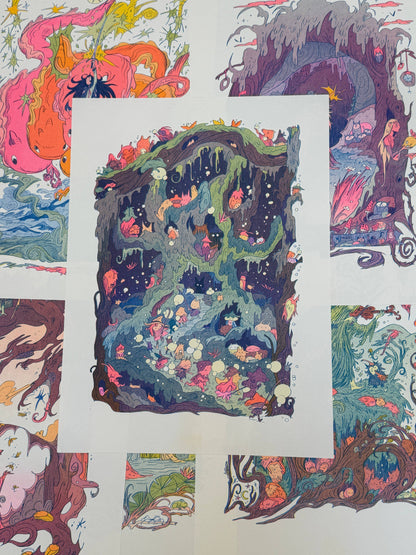 Woodfolk Risograph print, fantasy art print, Natalie Andrewson print, folklore wall art, three color riso print, fluorescent riso artwork, narrative risograph illustration, mythic forest art, mountain folklore print, gallery nucleus art, indie printmaker art, fantasy home decor, collectible riso print, vibrant riso artwork, limited edition risograph, Rogue & Rye artist collection.
