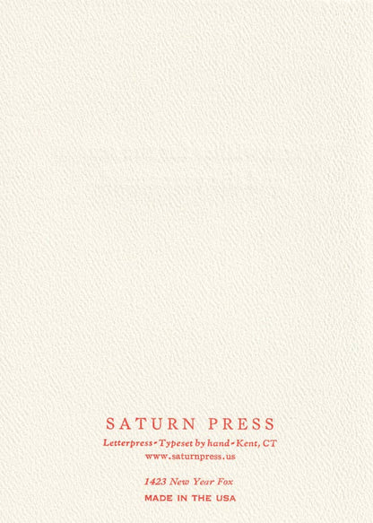 Saturn Press card, New Year letterpress card, snow fox greeting card, winter animal stationery, deckle edge holiday card, handmade letterpress card, winter country road card, seasonal greeting card with message, nature-inspired New Year card, premium paper goods, winter stationery, artisanal holiday card.