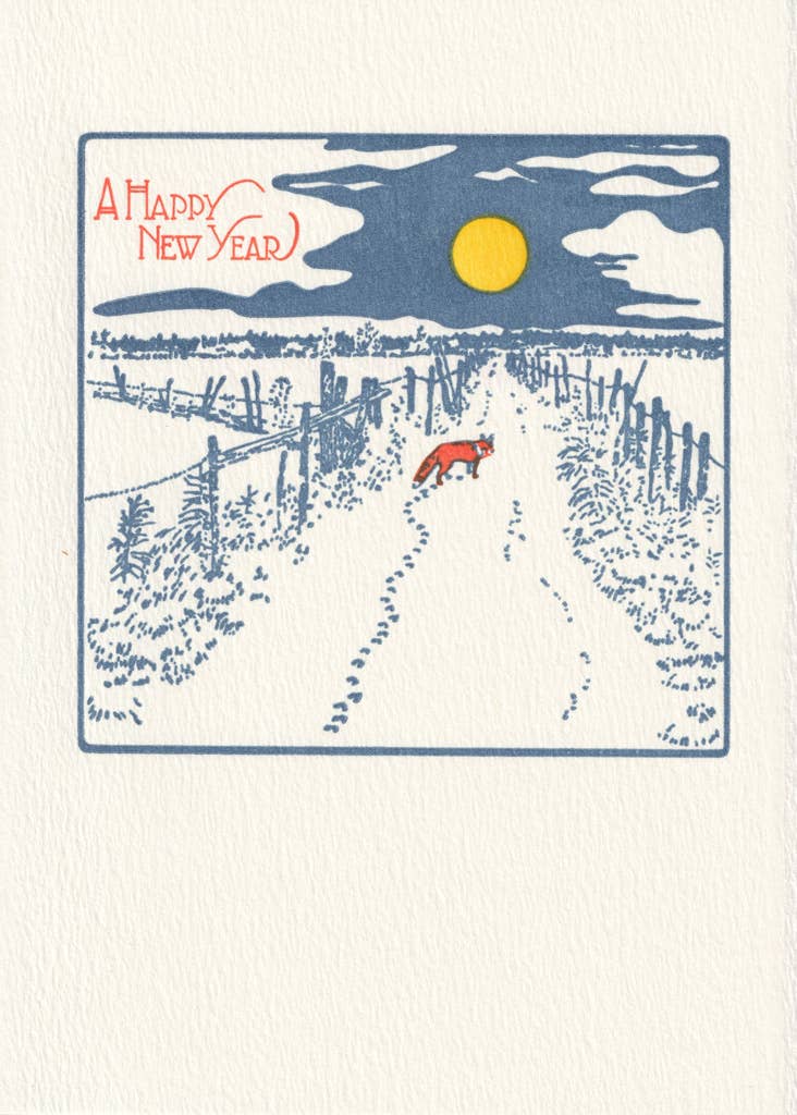Saturn Press card, New Year letterpress card, snow fox greeting card, winter animal stationery, deckle edge holiday card, handmade letterpress card, winter country road card, seasonal greeting card with message, nature-inspired New Year card, premium paper goods, winter stationery, artisanal holiday card.