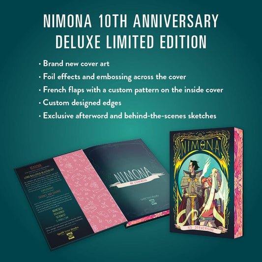 Nimona graphic novel YA fantasy, ND Stevenson anniversary edition, YA comics and graphic novels, queer-friendly graphic novels, fantasy shapeshifter story, humorous fantasy comic, HarperCollins young adult books, villain and sidekick adventure, limited edition Nimona paperback, bestselling YA graphic novels, webcomic adaptation book, Rogue & Rye book collection, LGBTQ+ inclusive fantasy stories, witty irreverent graphic novels, gift-worthy fantasy books