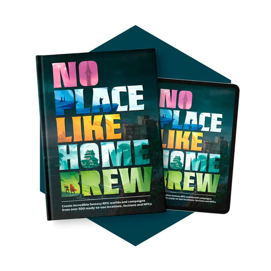 No Place Like Homebrew tabletop RPG worldbuilding book for Dungeons and Dragons. Worldbuilding tools for campaign creation by Roll and Play Press for game masters featuring ready-to-use towns, settlements, monsters, factions, and NPC ideas and encounters for D&D campaigns. 