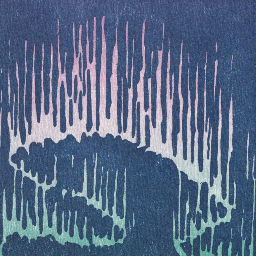 Saturn Press card, aurora borealis card, northern lights letterpress card, winter landscape stationery, holiday alternative card, deckle edge greeting card, handmade letterpress card, cottage winter scene card, artistic holiday card, premium paper goods, atmospheric letterpress print, winter blank card, travel-inspired stationery.