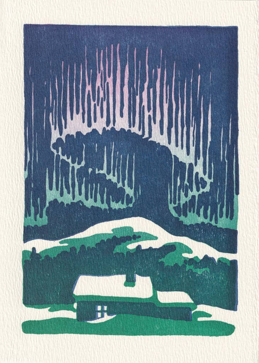 Saturn Press card, aurora borealis card, northern lights letterpress card, winter landscape stationery, holiday alternative card, deckle edge greeting card, handmade letterpress card, cottage winter scene card, artistic holiday card, premium paper goods, atmospheric letterpress print, winter blank card, travel-inspired stationery.