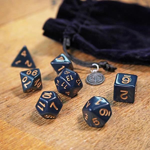 Wildemount dice set, Critical Role dice set, campaign 2 Critical Role dice, Exandria dice set, Critical Role d20 logo dice, dark blue velvet dice bag, Dungeons and Dragons dice set, polyhedral dice Critical Role, tabletop RPG dice set, official Critical Role merchandise, Wildemount campaign dice, Critical Role charm dice bag, Critical Role accessories, dice for D&D campaign 2