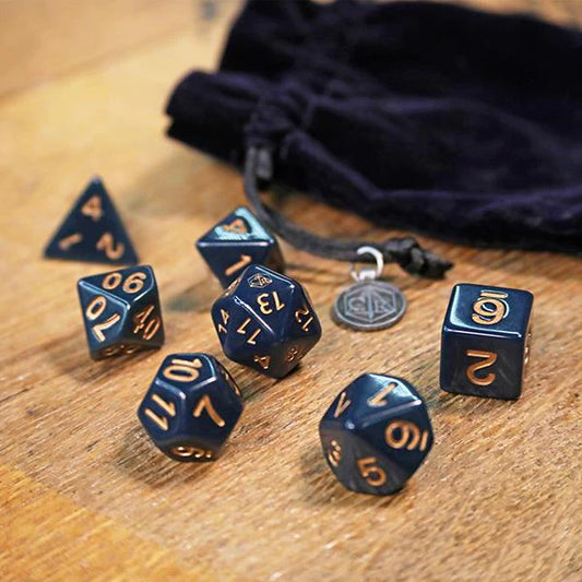 Wildemount dice set, Critical Role dice set, campaign 2 Critical Role dice, Exandria dice set, Critical Role d20 logo dice, dark blue velvet dice bag, Dungeons and Dragons dice set, polyhedral dice Critical Role, tabletop RPG dice set, official Critical Role merchandise, Wildemount campaign dice, Critical Role charm dice bag, Critical Role accessories, dice for D&D campaign 2