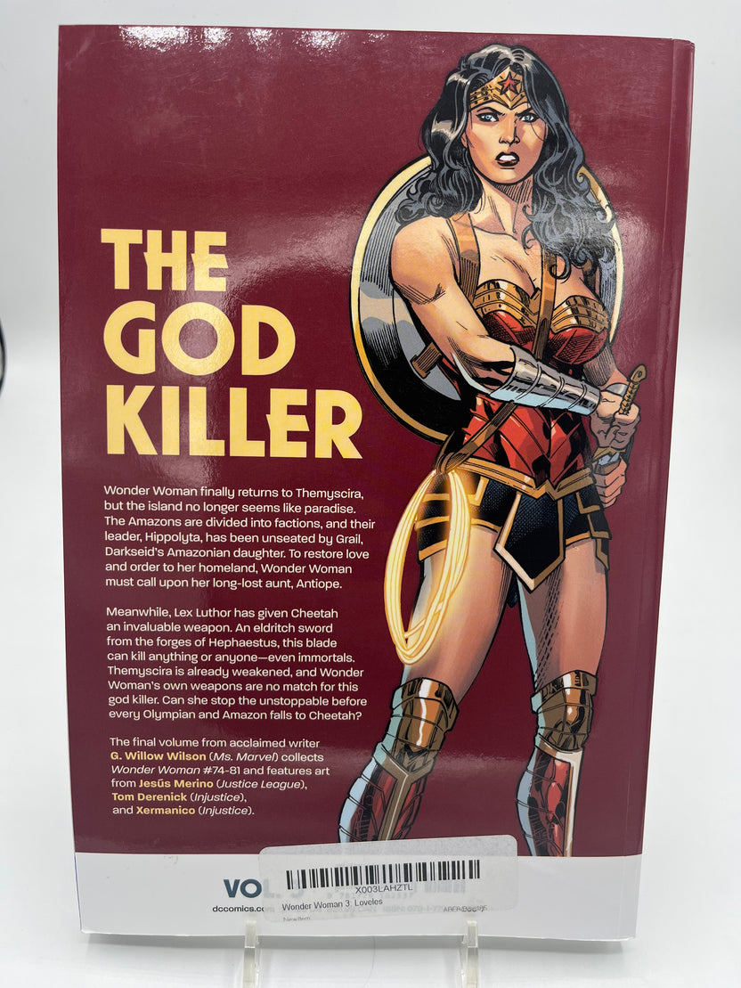 Preowned Excellent copy of Wonder Woman, Vol. 3: Loveless (DC), written by G. Willow Wilson with art by Jesús Merino, Aaron Derenick, and Xermanico. Collects Wonder Woman #74–81. A strong modern Wonder Woman volume with character-driven storytelling and accessible continuity. Slight cover waviness from gentle reading; otherwise clean, solid, and close to like new.