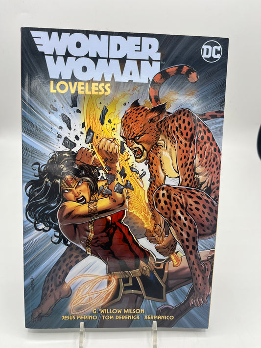 Preowned Excellent copy of Wonder Woman, Vol. 3: Loveless (DC), written by G. Willow Wilson with art by Jesús Merino, Aaron Derenick, and Xermanico. Collects Wonder Woman #74–81. A strong modern Wonder Woman volume with character-driven storytelling and accessible continuity. Slight cover waviness from gentle reading; otherwise clean, solid, and close to like new.