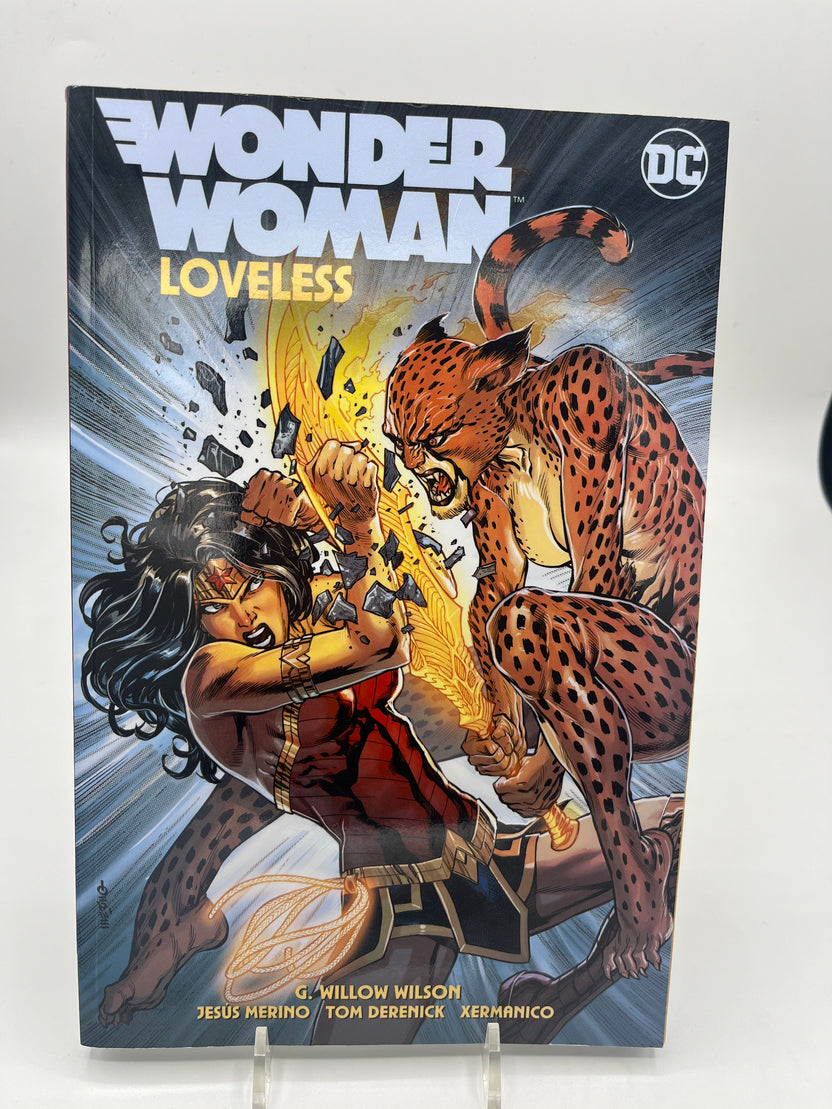 Preowned Excellent copy of Wonder Woman, Vol. 3: Loveless (DC), written by G. Willow Wilson with art by Jesús Merino, Aaron Derenick, and Xermanico. Collects Wonder Woman #74–81. A strong modern Wonder Woman volume with character-driven storytelling and accessible continuity. Slight cover waviness from gentle reading; otherwise clean, solid, and close to like new.