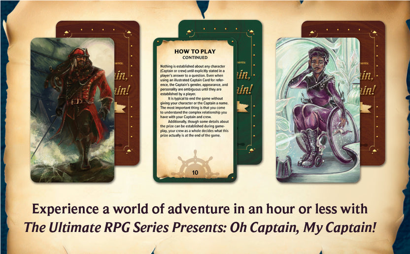 Oh Captain My Captain game, Ultimate RPG card game, James D’Amato storytelling game, short form RPG, beginner friendly roleplaying game, quick worldbuilding card game, narrative card game for adults, 30-minute RPG game, open-ended question RPG, heroism themed storytelling game