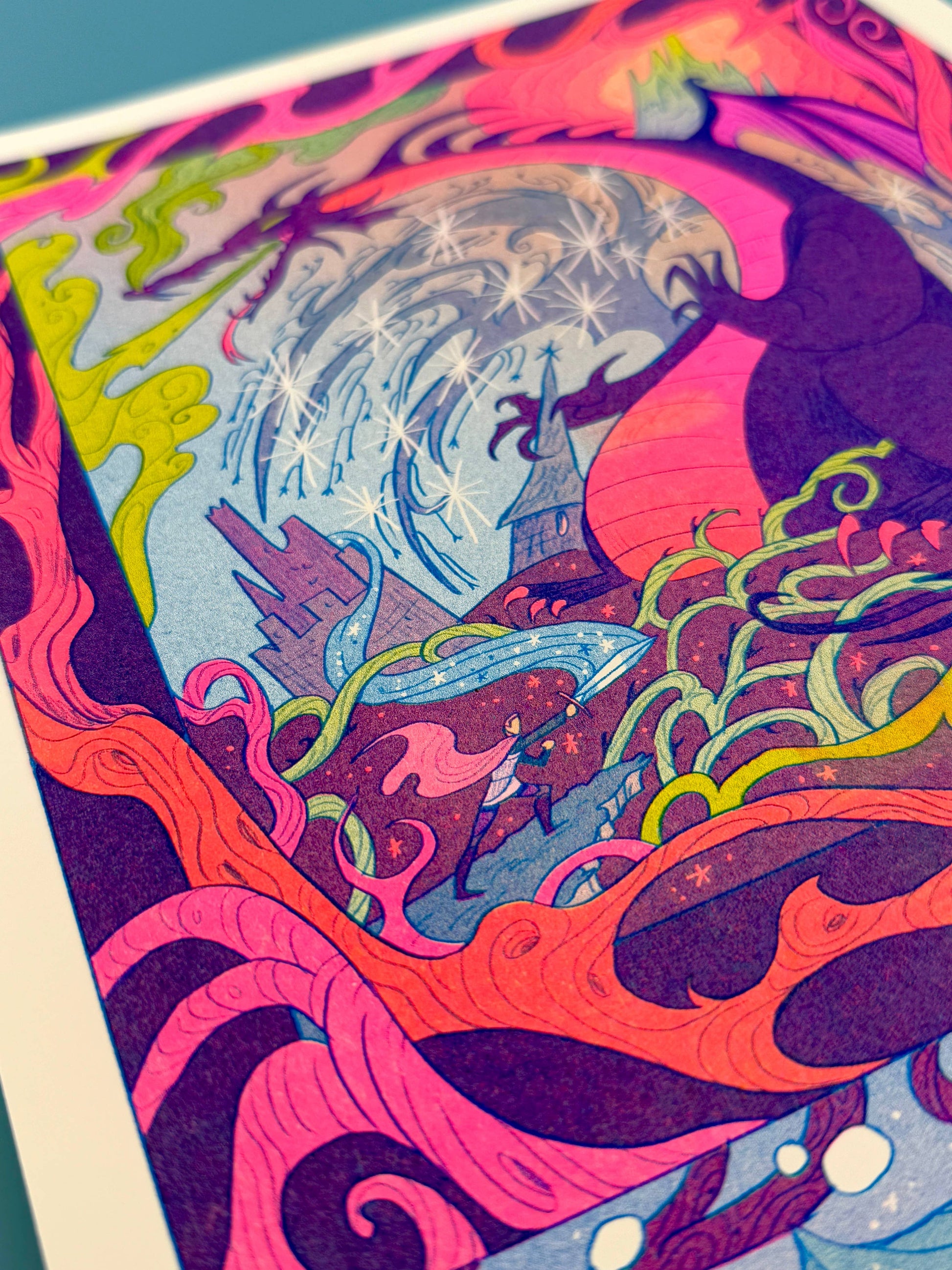 Once Upon a Dream risograph print, Sleeping Beauty art print, Gallery Nucleus exhibition art, Natalie Andrewson riso print, fairytale illustration print, fluorescent pink riso artwork, blue yellow riso print, small riso art, enchanted forest art print, narrative risograph illustration, collectible indie printmaker art, Rogue & Rye fairytale prints.