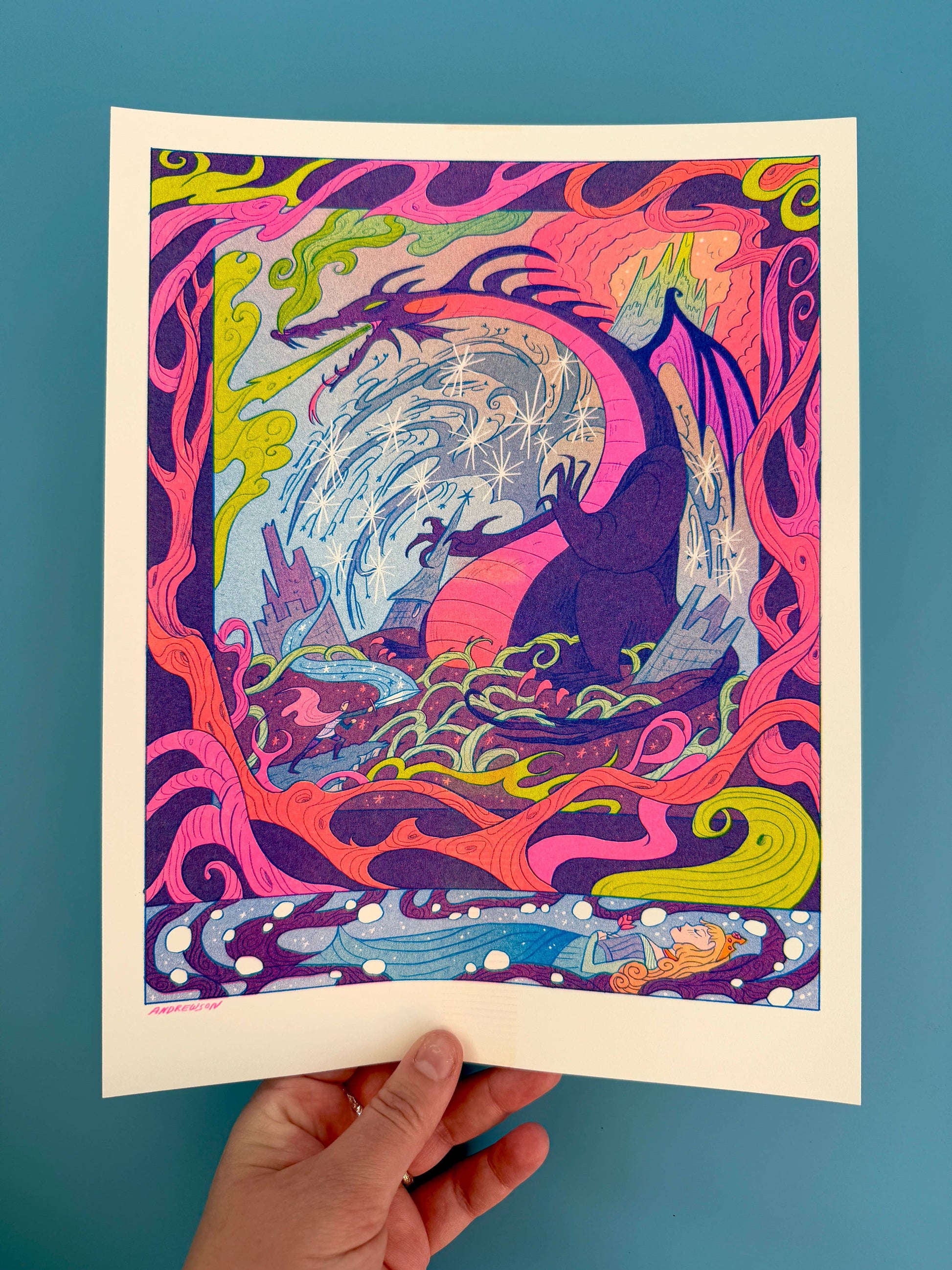 Once Upon a Dream risograph print, Sleeping Beauty art print, Gallery Nucleus exhibition art, Natalie Andrewson riso print, fairytale illustration print, fluorescent pink riso artwork, blue yellow riso print, small riso art, enchanted forest art print, narrative risograph illustration, collectible indie printmaker art, Rogue & Rye fairytale prints.