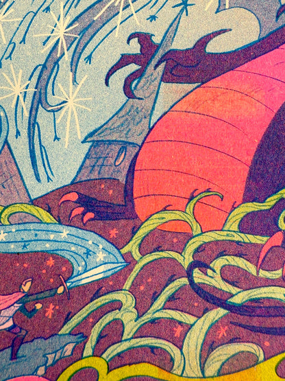 Once Upon a Dream risograph print, Sleeping Beauty art print, Gallery Nucleus exhibition art, Natalie Andrewson riso print, fairytale illustration print, fluorescent pink riso artwork, blue yellow riso print, small riso art, enchanted forest art print, narrative risograph illustration, collectible indie printmaker art, Rogue & Rye fairytale prints.