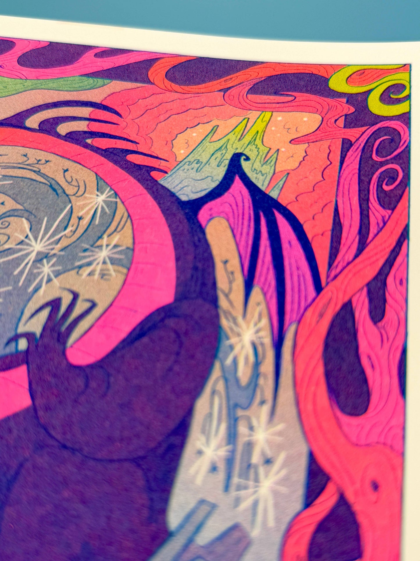 Once Upon a Dream risograph print, Sleeping Beauty art print, Gallery Nucleus exhibition art, Natalie Andrewson riso print, fairytale illustration print, fluorescent pink riso artwork, blue yellow riso print, small riso art, enchanted forest art print, narrative risograph illustration, collectible indie printmaker art, Rogue & Rye fairytale prints.