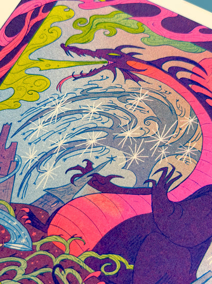 Once Upon a Dream risograph print, Sleeping Beauty art print, Gallery Nucleus exhibition art, Natalie Andrewson riso print, fairytale illustration print, fluorescent pink riso artwork, blue yellow riso print, small riso art, enchanted forest art print, narrative risograph illustration, collectible indie printmaker art, Rogue & Rye fairytale prints.