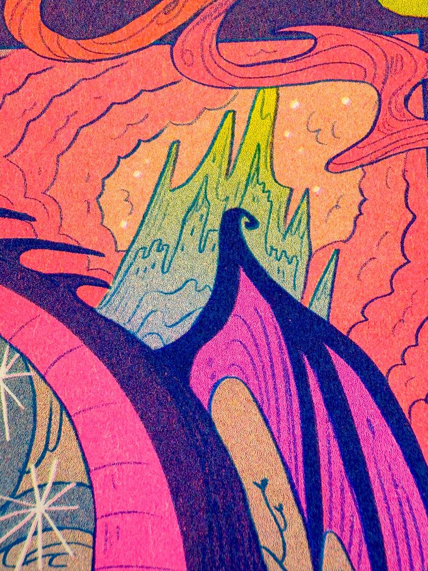 Once Upon a Dream risograph print, Sleeping Beauty art print, Gallery Nucleus exhibition art, Natalie Andrewson riso print, fairytale illustration print, fluorescent pink riso artwork, blue yellow riso print, small riso art, enchanted forest art print, narrative risograph illustration, collectible indie printmaker art, Rogue & Rye fairytale prints.