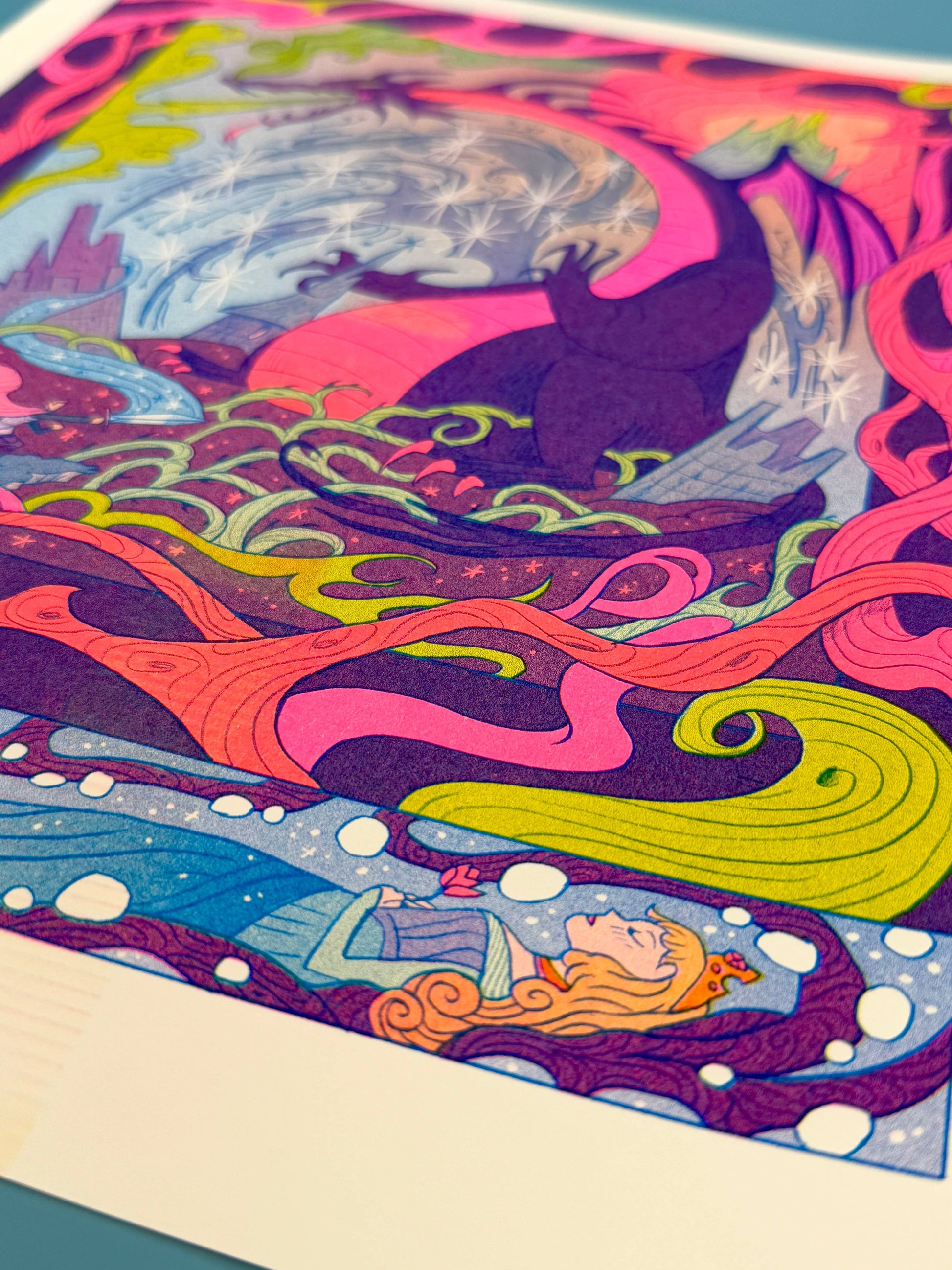 Once Upon a Dream risograph print, Sleeping Beauty art print, Gallery Nucleus exhibition art, Natalie Andrewson riso print, fairytale illustration print, fluorescent pink riso artwork, blue yellow riso print, small riso art, enchanted forest art print, narrative risograph illustration, collectible indie printmaker art, Rogue & Rye fairytale prints.