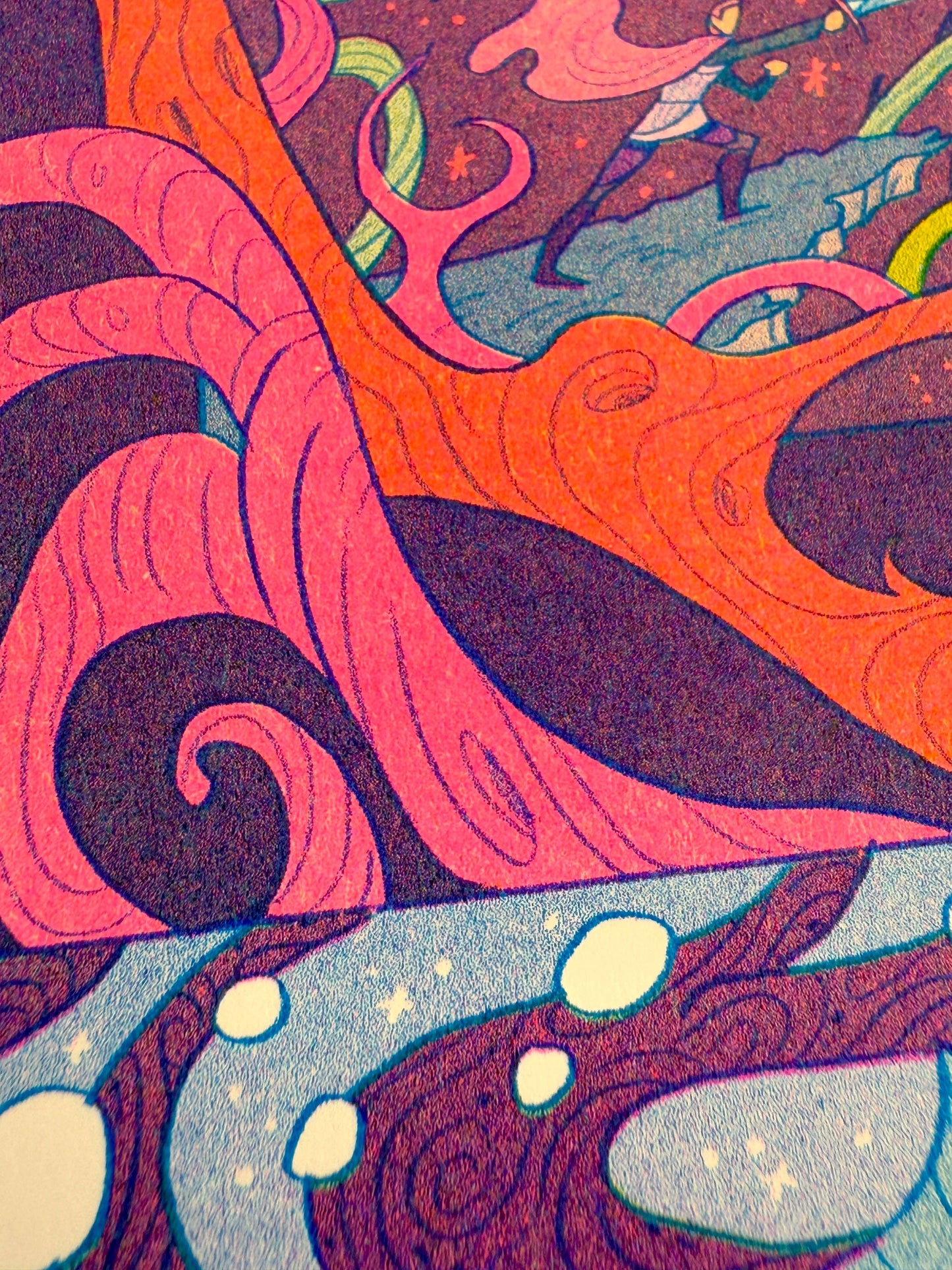 Once Upon a Dream risograph print, Sleeping Beauty art print, Gallery Nucleus exhibition art, Natalie Andrewson riso print, fairytale illustration print, fluorescent pink riso artwork, blue yellow riso print, small riso art, enchanted forest art print, narrative risograph illustration, collectible indie printmaker art, Rogue & Rye fairytale prints.