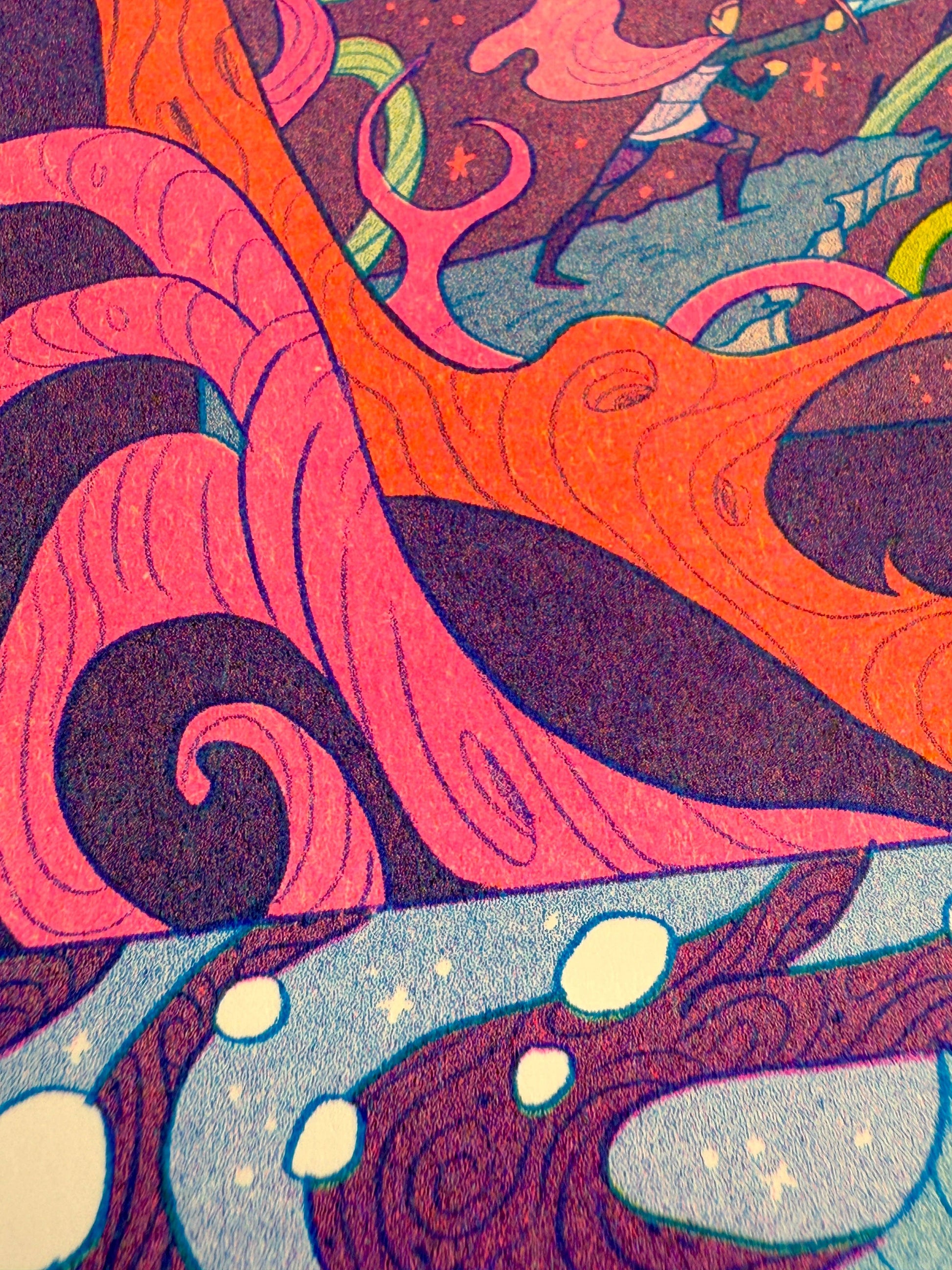 Once Upon a Dream risograph print, Sleeping Beauty art print, Gallery Nucleus exhibition art, Natalie Andrewson riso print, fairytale illustration print, fluorescent pink riso artwork, blue yellow riso print, small riso art, enchanted forest art print, narrative risograph illustration, collectible indie printmaker art, Rogue & Rye fairytale prints.