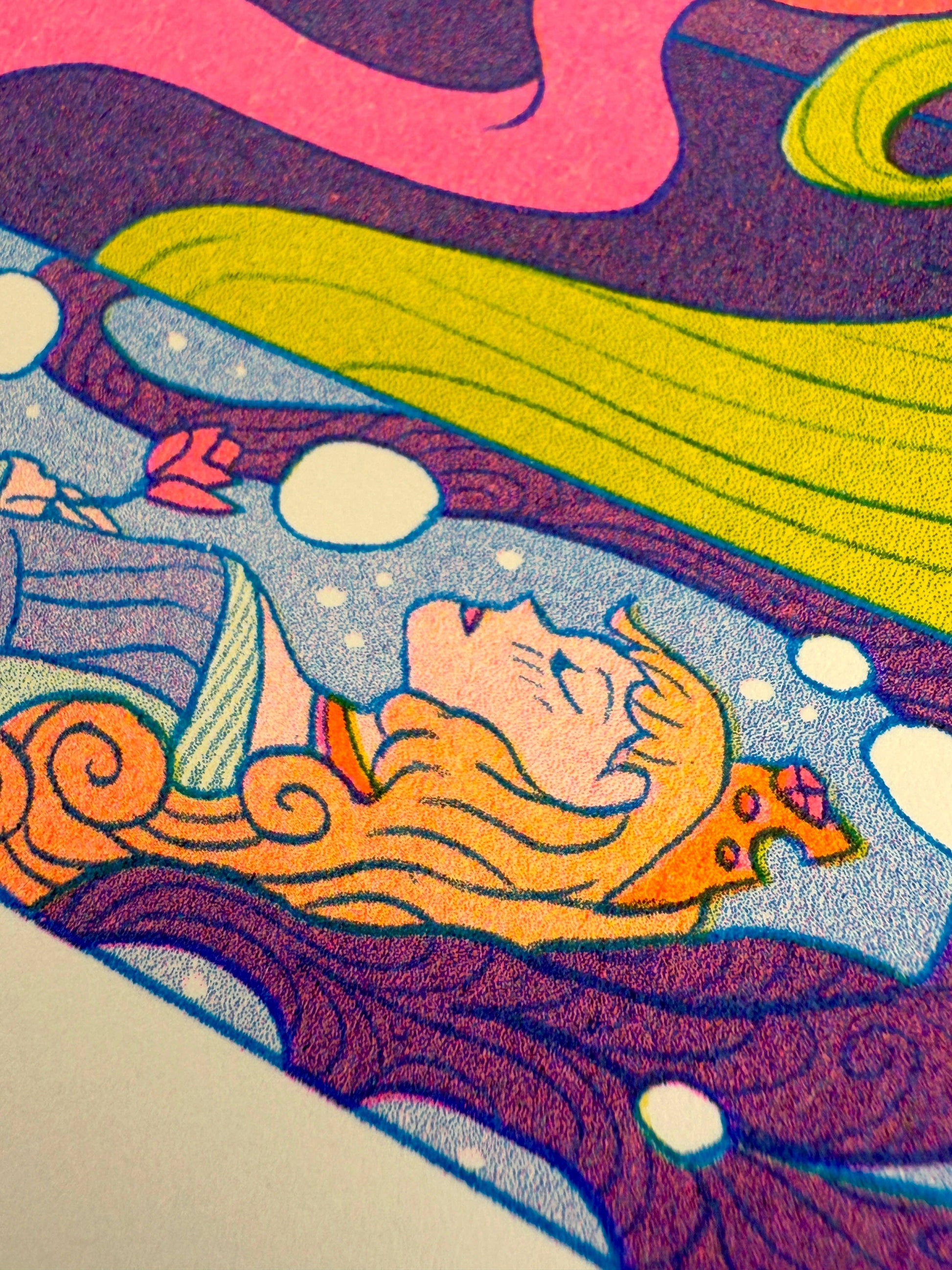 Once Upon a Dream risograph print, Sleeping Beauty art print, Gallery Nucleus exhibition art, Natalie Andrewson riso print, fairytale illustration print, fluorescent pink riso artwork, blue yellow riso print, small riso art, enchanted forest art print, narrative risograph illustration, collectible indie printmaker art, Rogue & Rye fairytale prints.