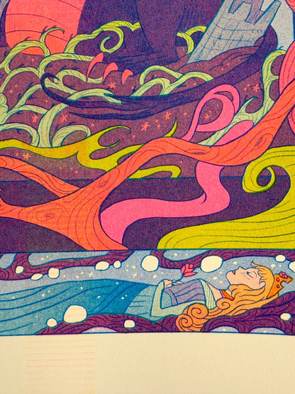 Once Upon a Dream risograph print, Sleeping Beauty art print, Gallery Nucleus exhibition art, Natalie Andrewson riso print, fairytale illustration print, fluorescent pink riso artwork, blue yellow riso print, small riso art, enchanted forest art print, narrative risograph illustration, collectible indie printmaker art, Rogue & Rye fairytale prints.